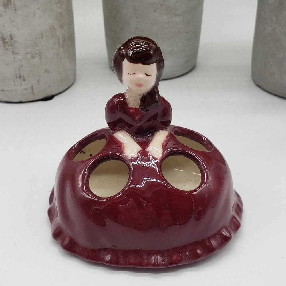 Vintage Lady Hand Painted Burgundy Dress Ceramic Lipstick Holder